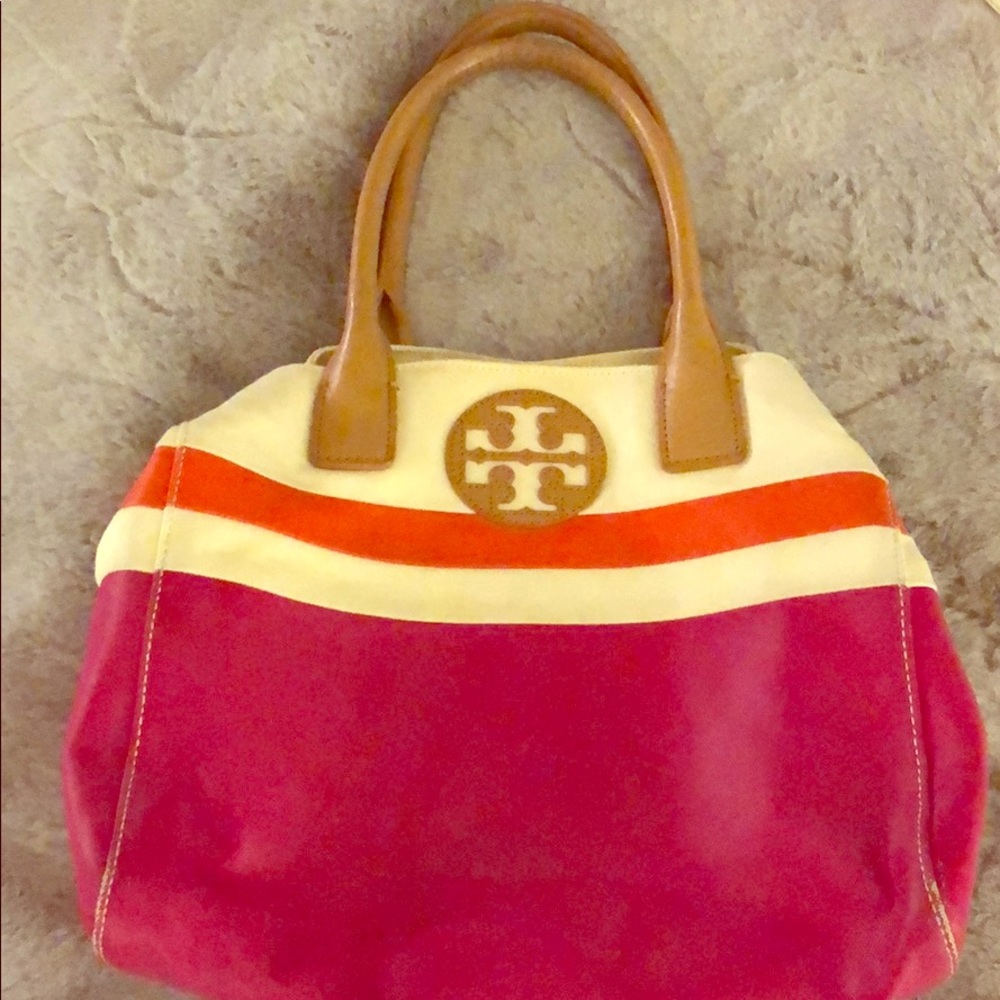 Tory Burch pink, orange canvas handbag